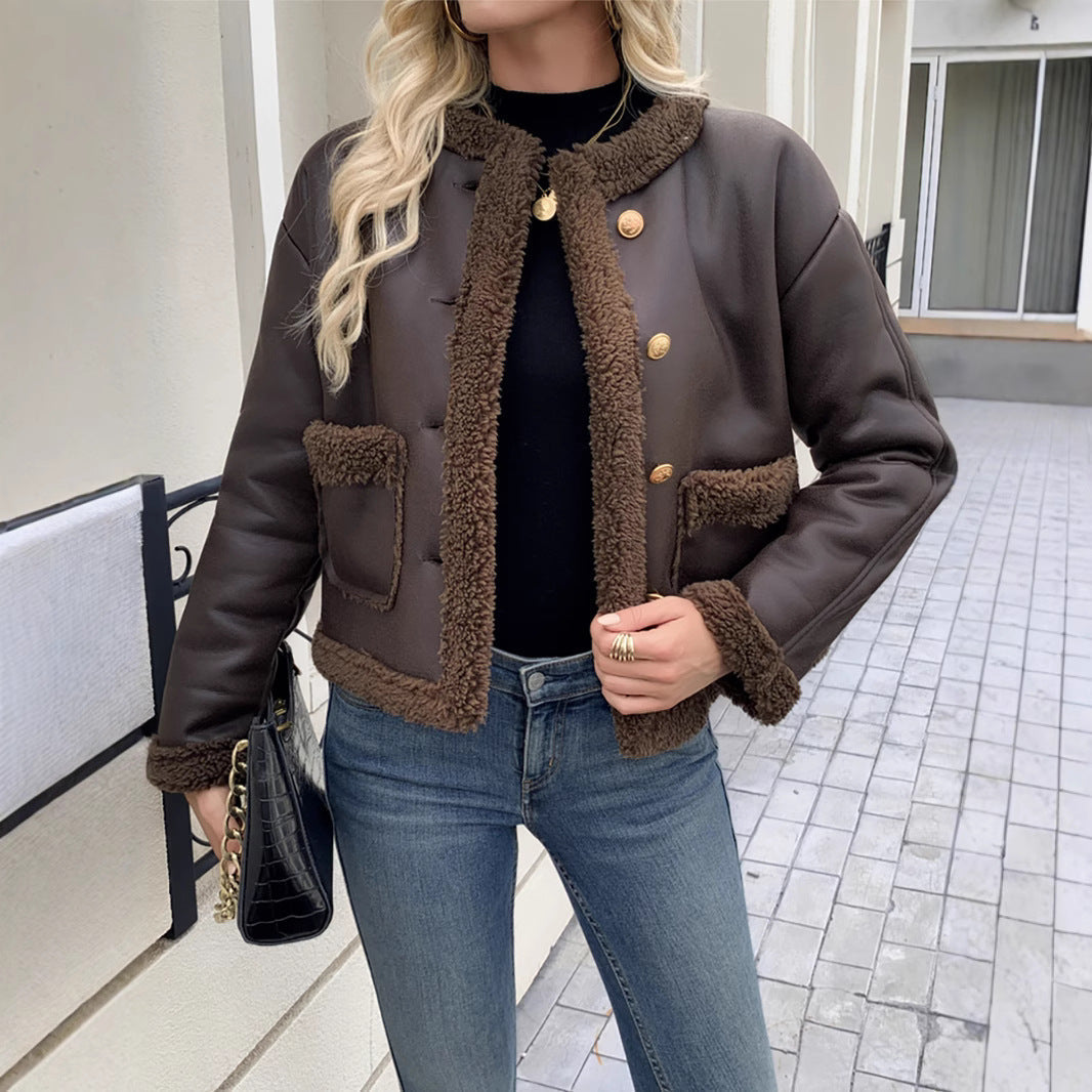 Women's Cropped Leather Sherpa Jacket