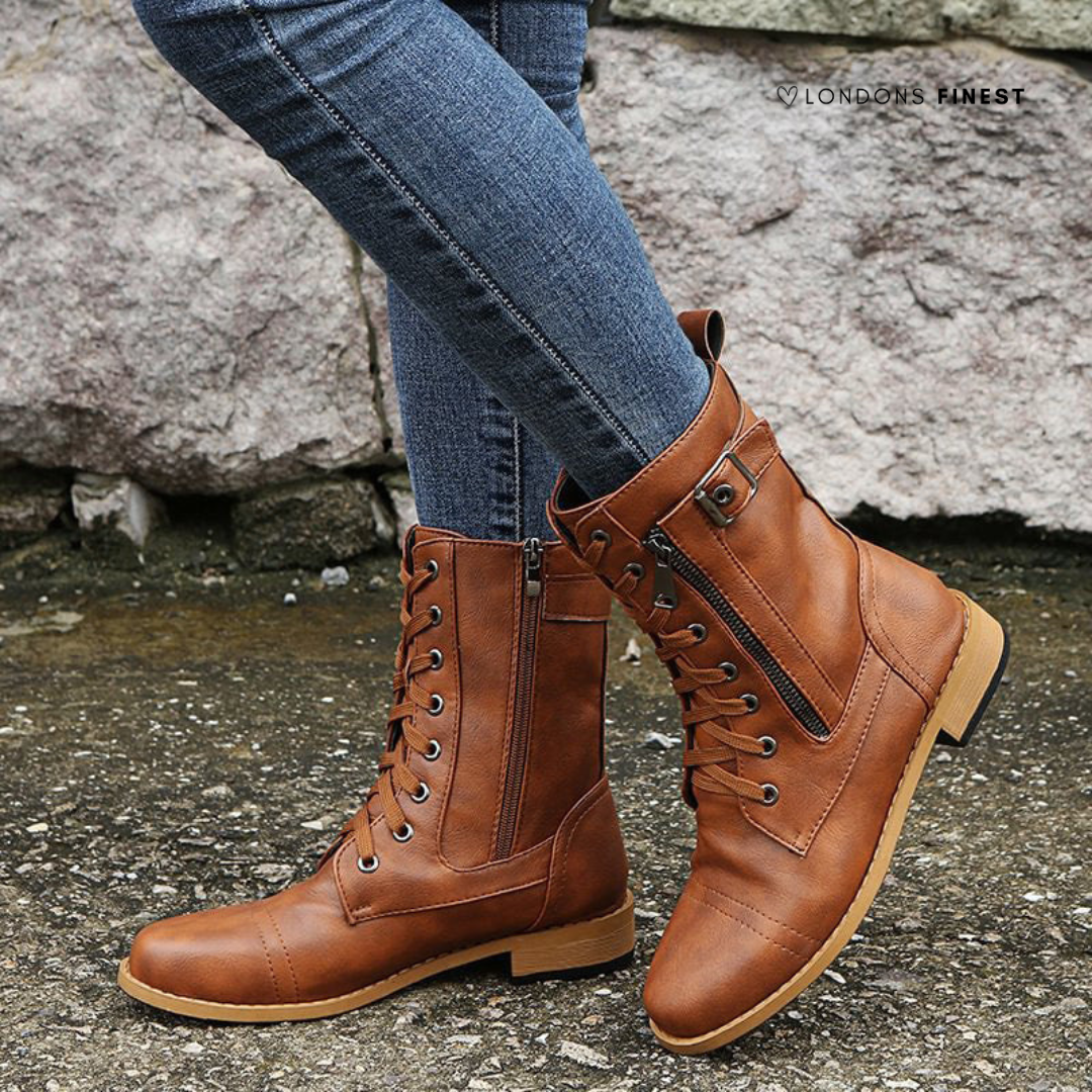 Women's Buckle Leather Combat Boots