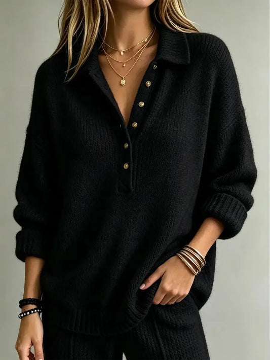 Relaxed Knit Polo Sweater with Gold Button Placket