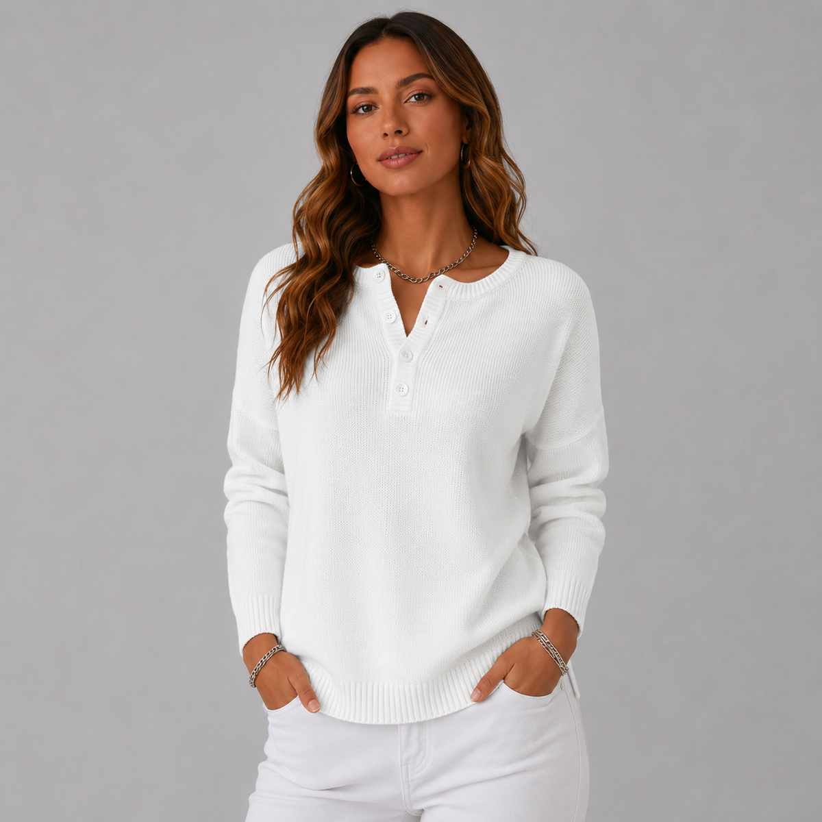 Women's Relaxed Henley Knit Sweater