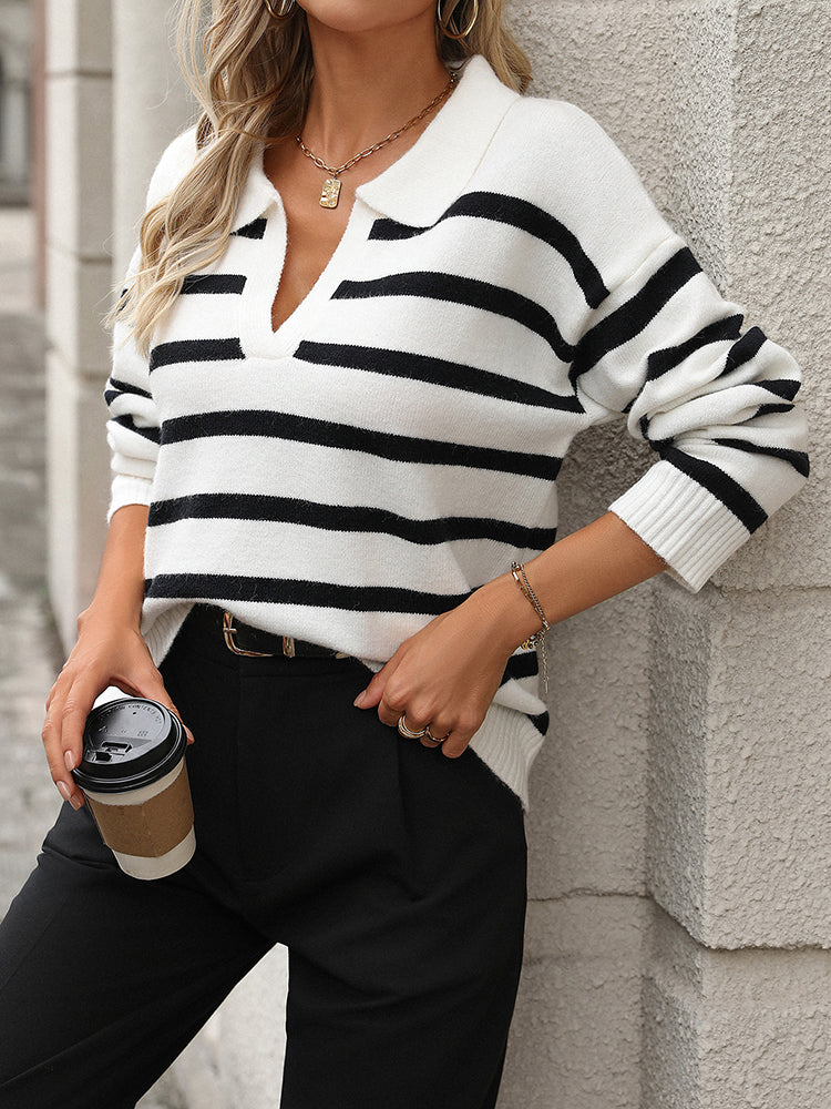 Women's Striped Polo Knit Sweater
