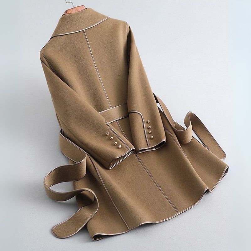 Women's Contrast Trim Belted Wool Coat