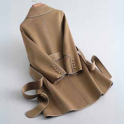 Women's Contrast Trim Belted Wool Coat