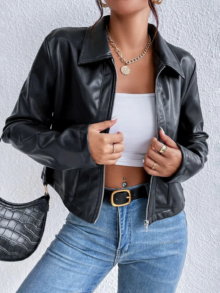 Women's Cropped Leather Collar Jacket
