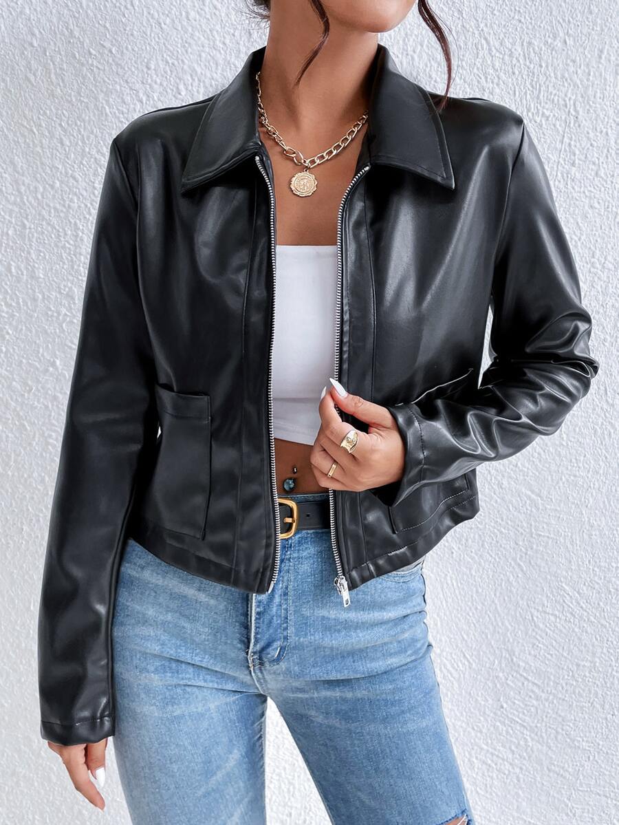 Women's Cropped Leather Collar Jacket