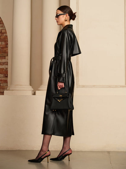 Women's Black Faux Leather Trench