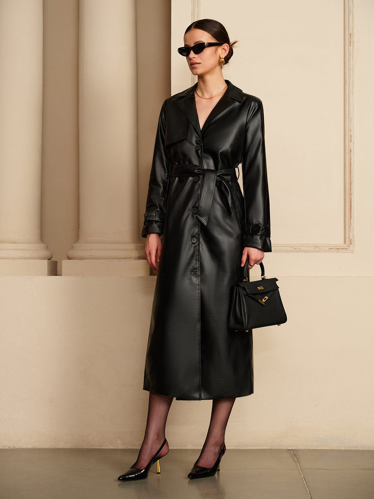 Women's Black Faux Leather Trench