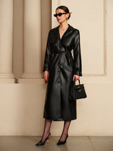 Women's Black Faux Leather Trench