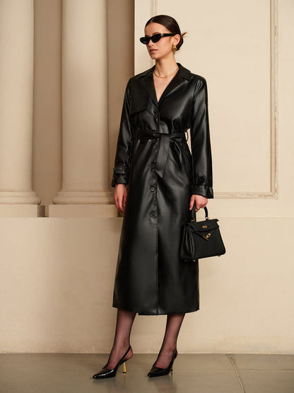 Women's Black Faux Leather Trench