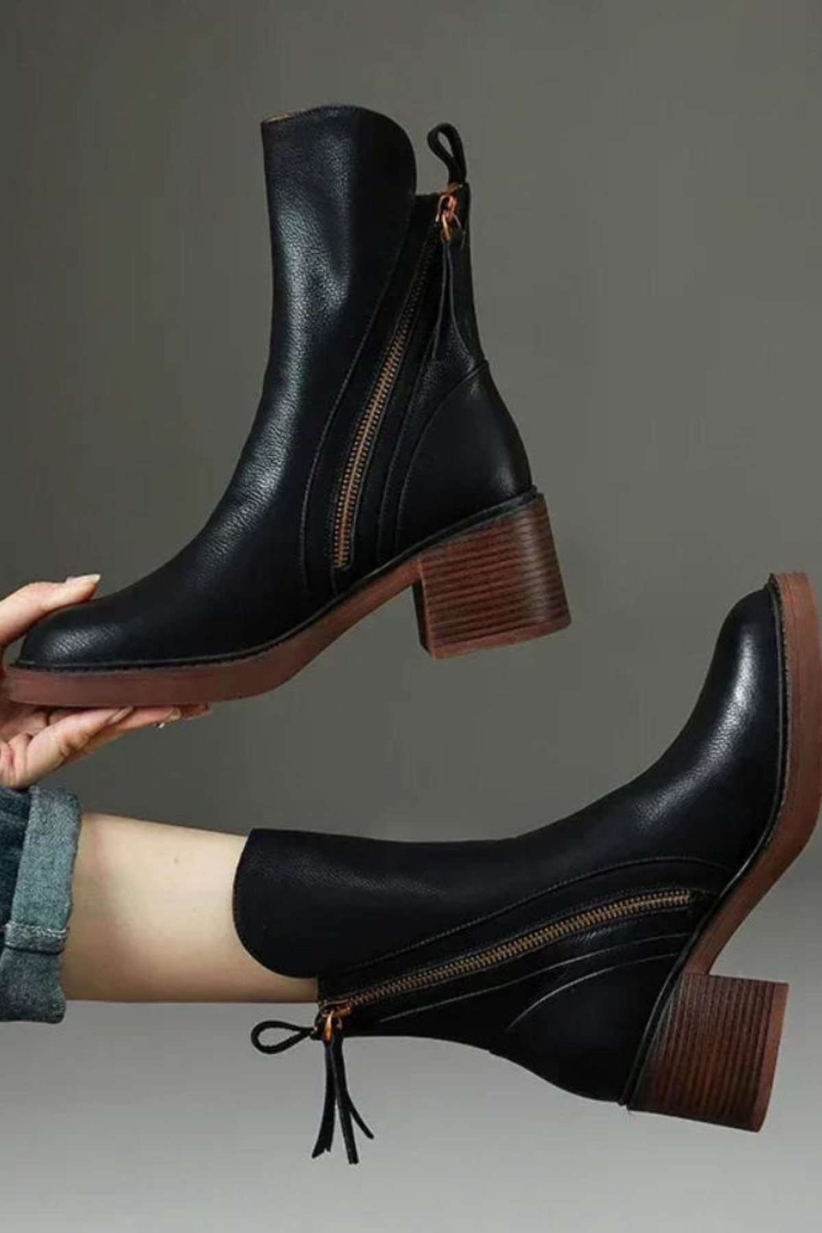 Women's Gold Zip Leather Boots