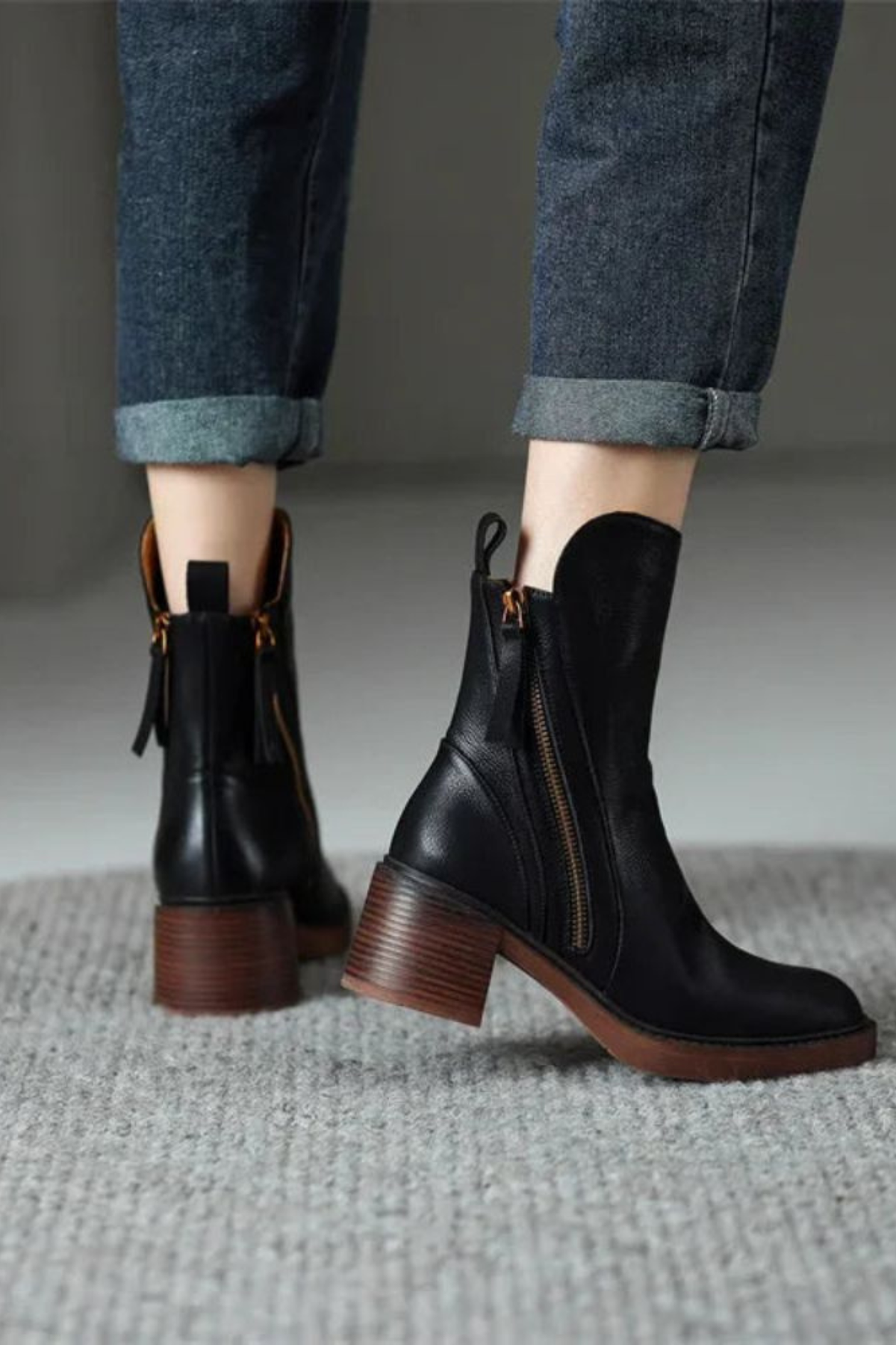 Women's Gold Zip Leather Boots