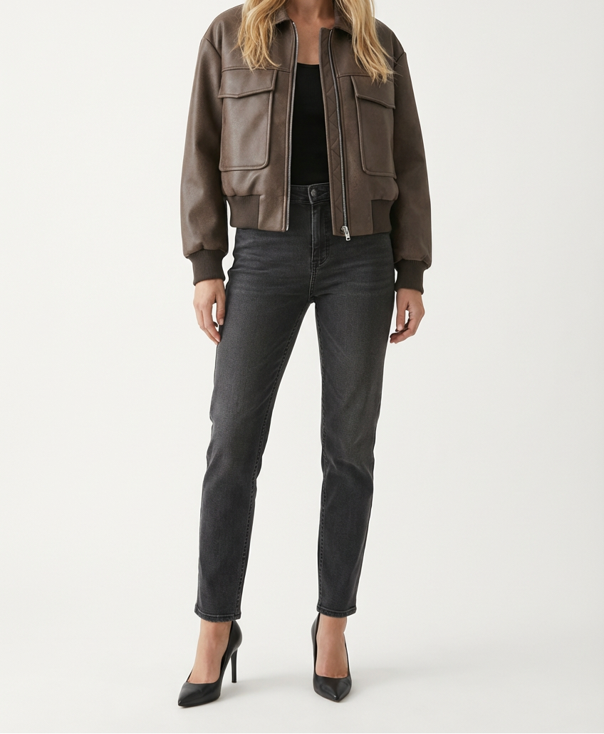 Women's Cropped Leather Bomber Jacket