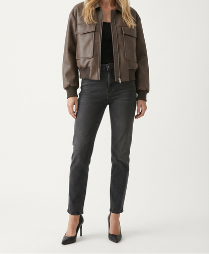 Women's Cropped Leather Bomber Jacket