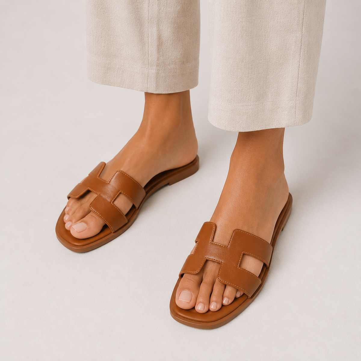 Women's Leather H-Strap Slide Sandals