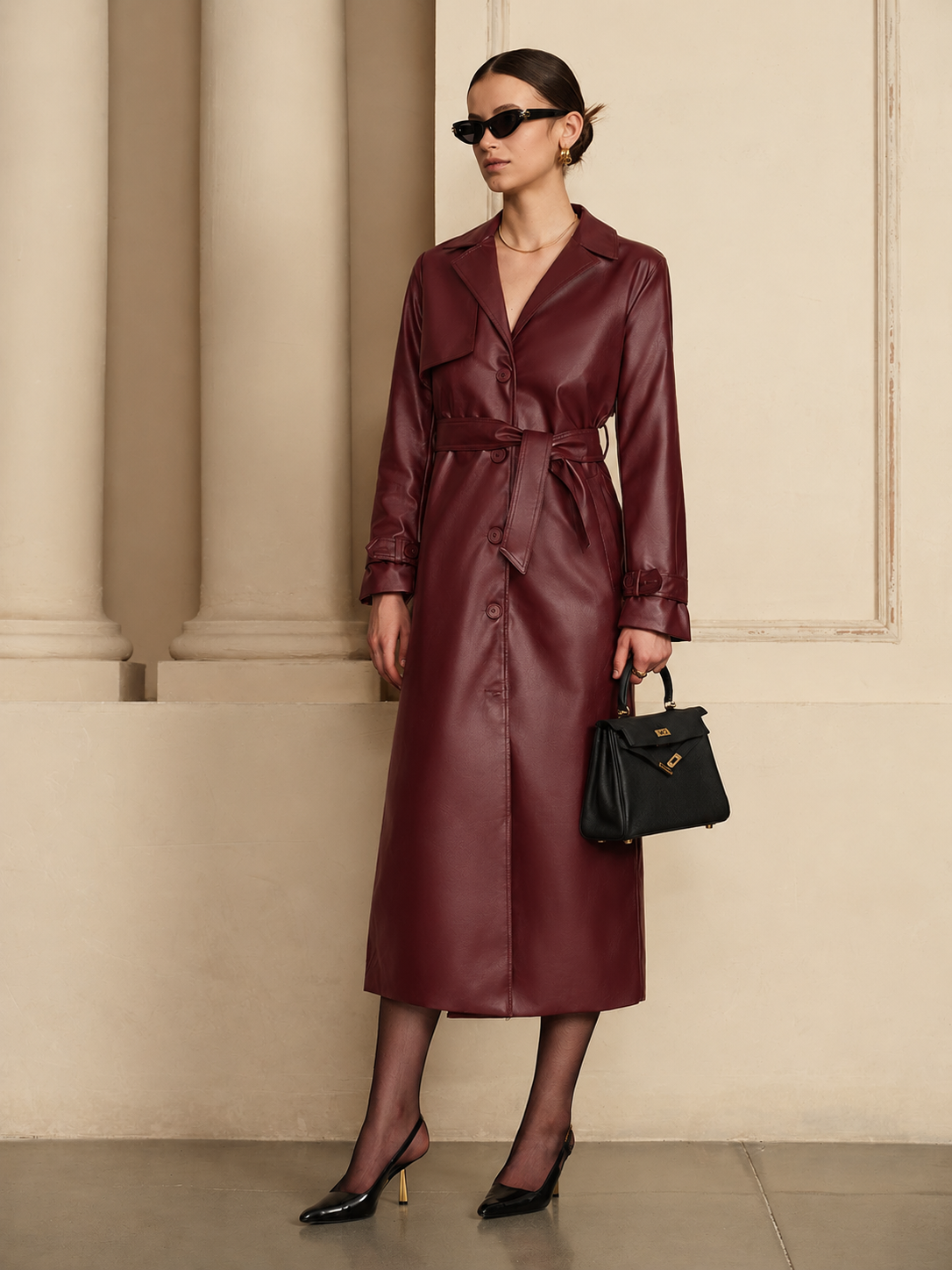 Women's Black Faux Leather Trench