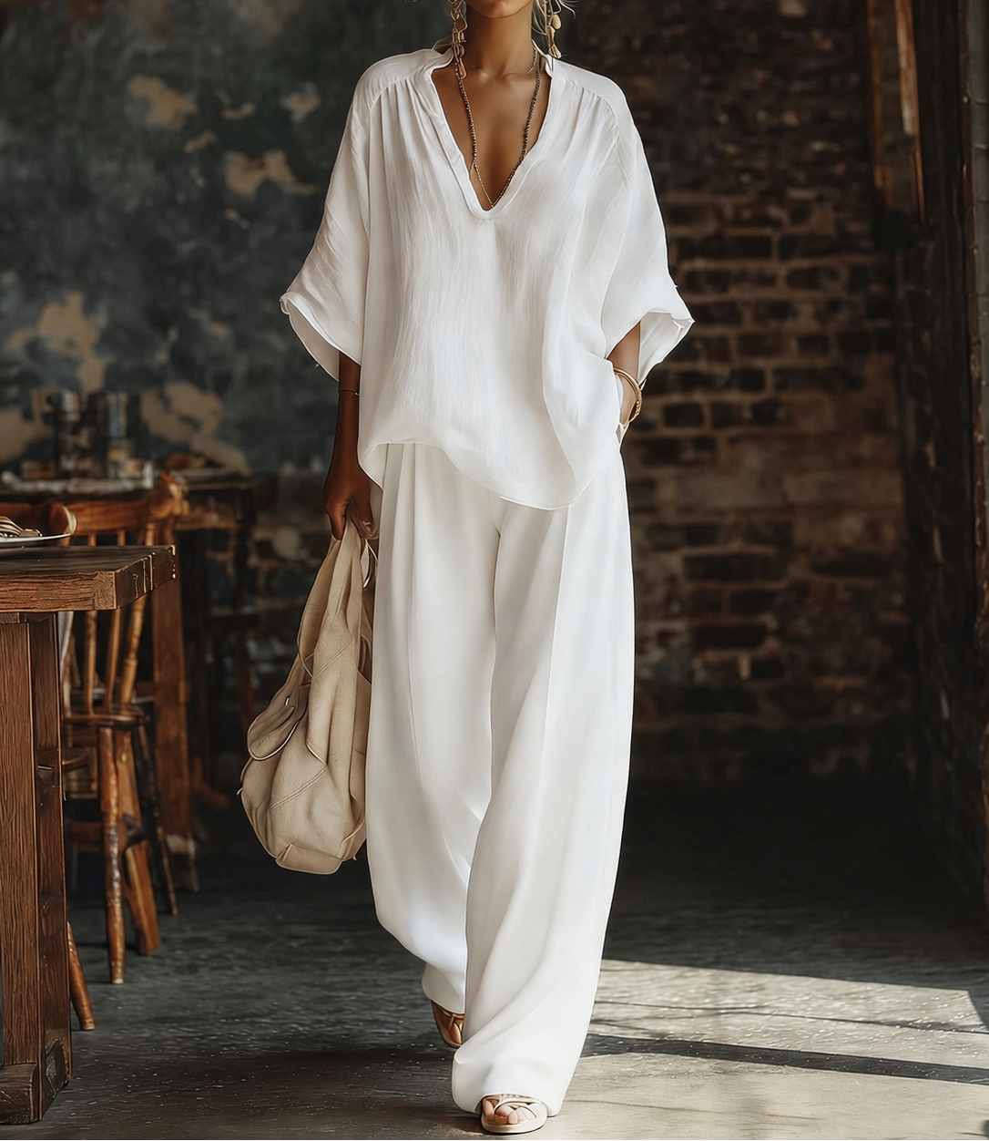 Women's V-Neck Linen Trouser Set