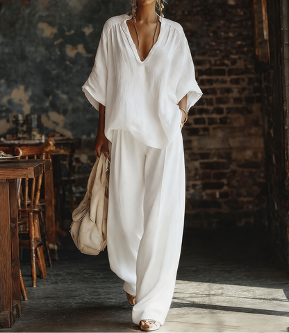 Women's V-Neck Linen Trouser Set