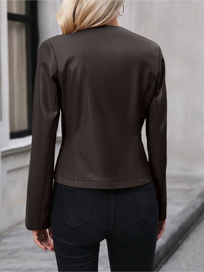 Women's Cropped Leather Round Neck Jacket