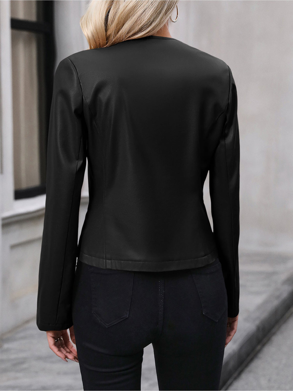 Women's Cropped Leather Round Neck Jacket