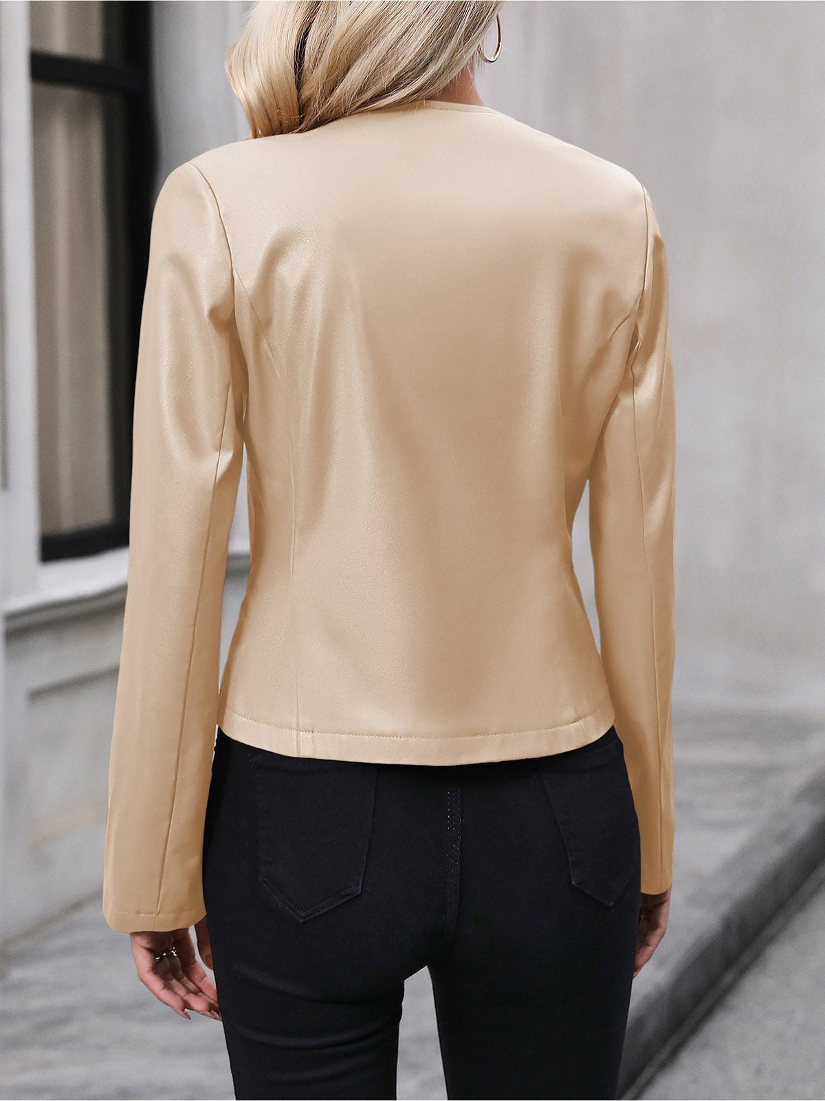 Women's Cropped Leather Round Neck Jacket