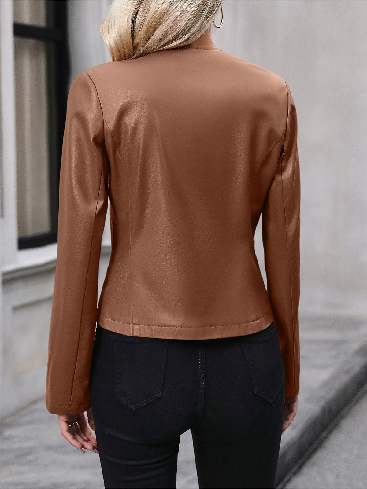 Women's Cropped Leather Round Neck Jacket