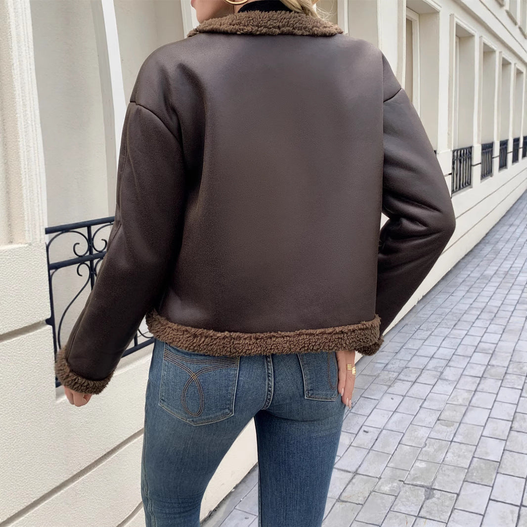 Women's Cropped Leather Sherpa Jacket
