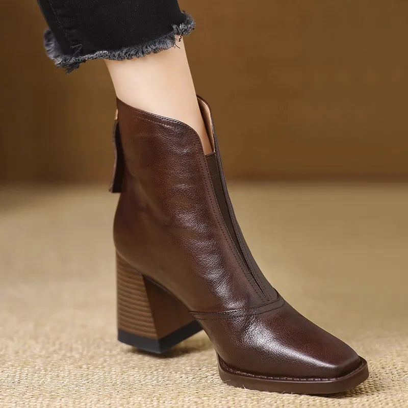 Women's V-Cut Leather Ankle Boots