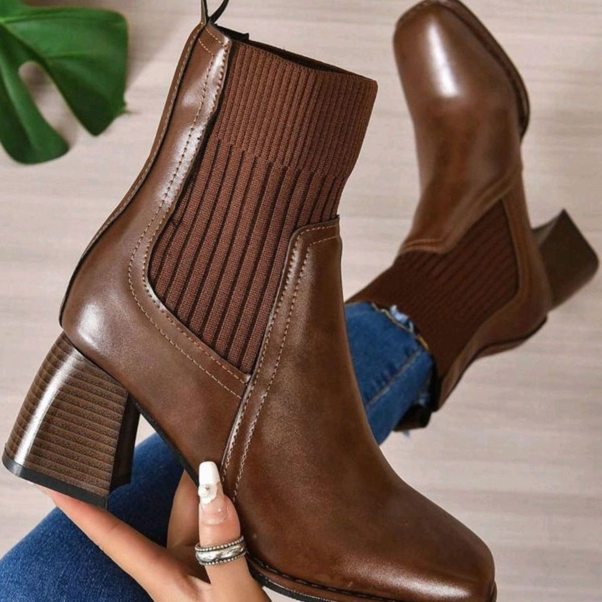 Women's Knit Panel Leather Boots