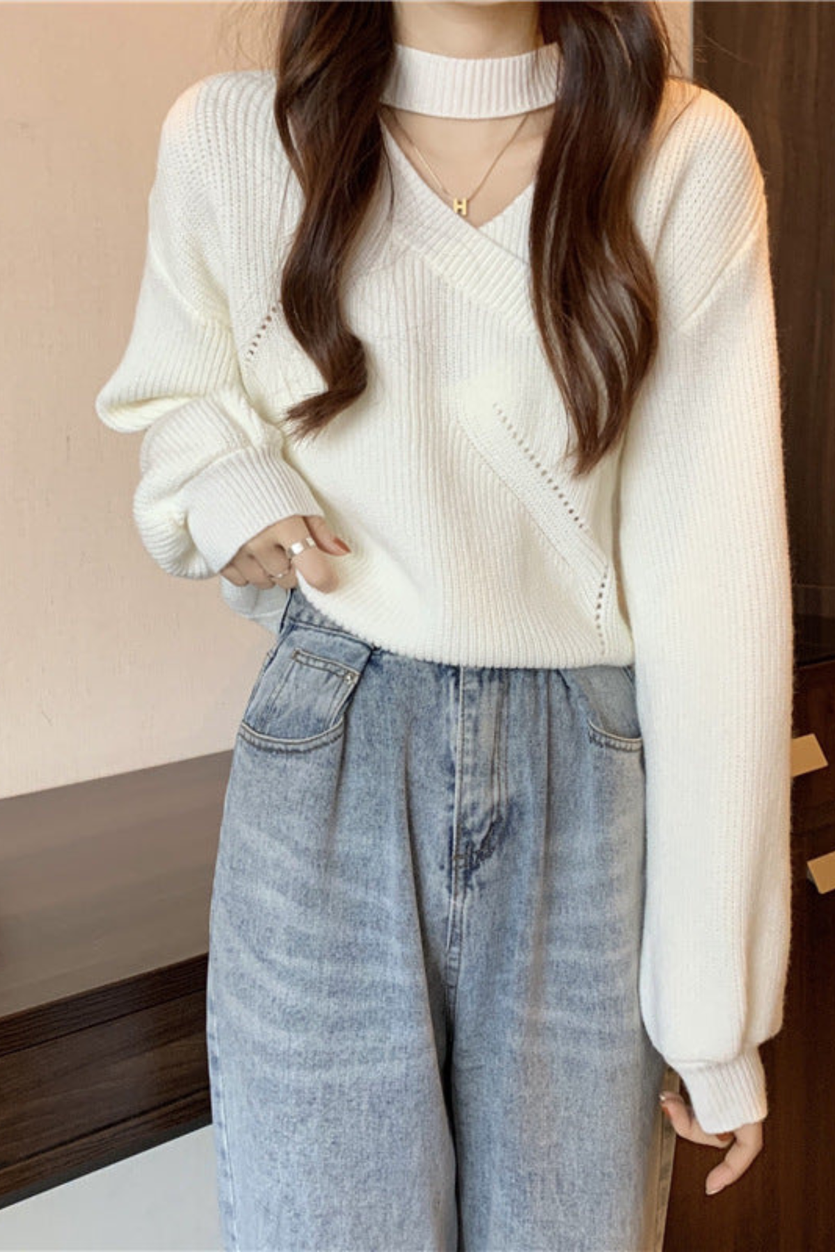 Women's Choker Wrap V-Neck Sweater