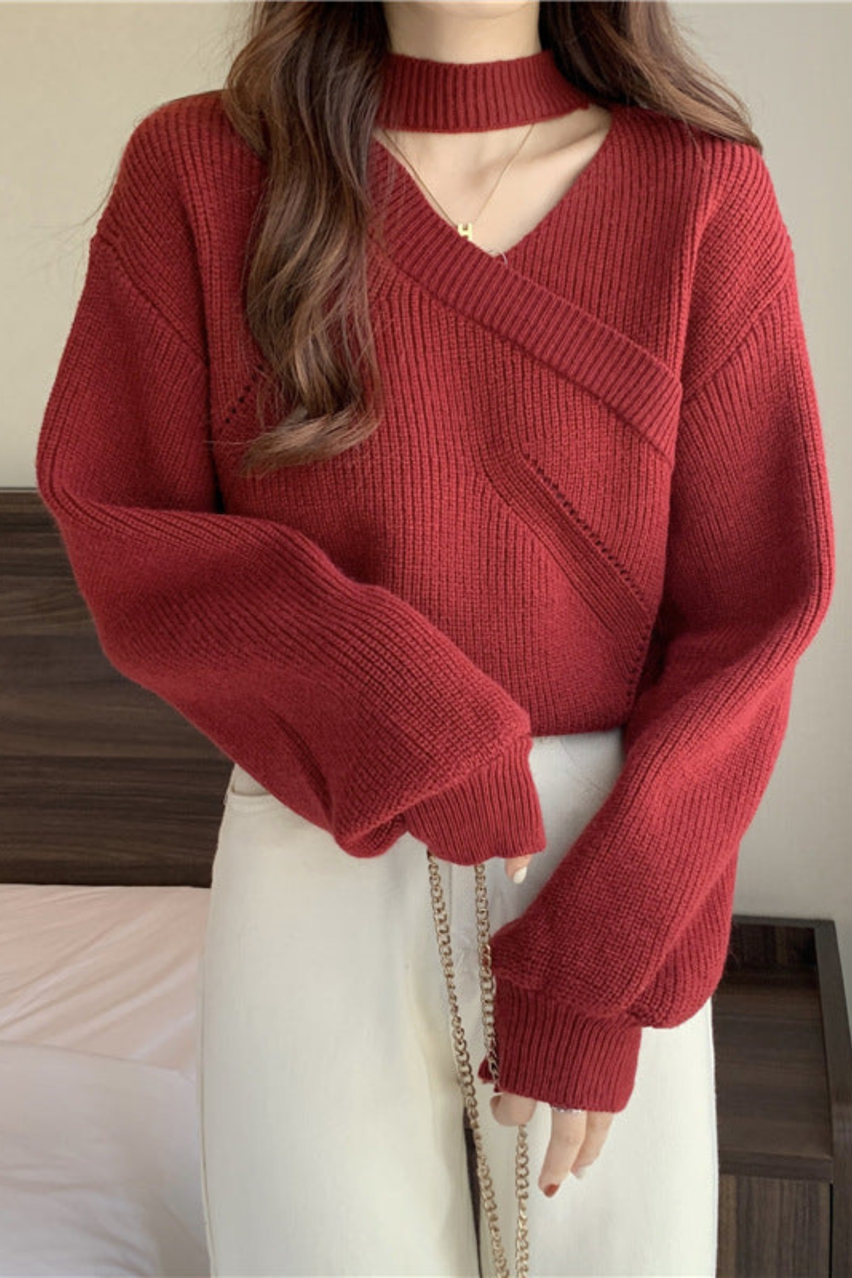 Women's Choker Wrap V-Neck Sweater