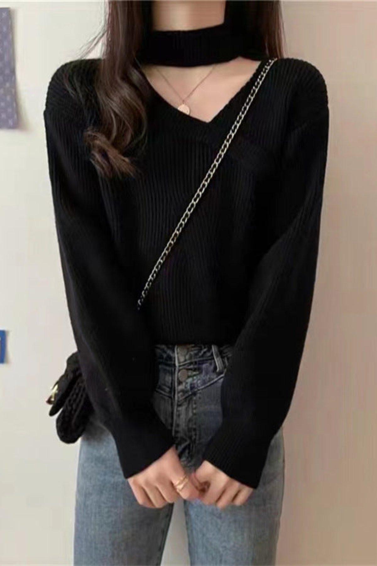 Women's Choker Wrap V-Neck Sweater