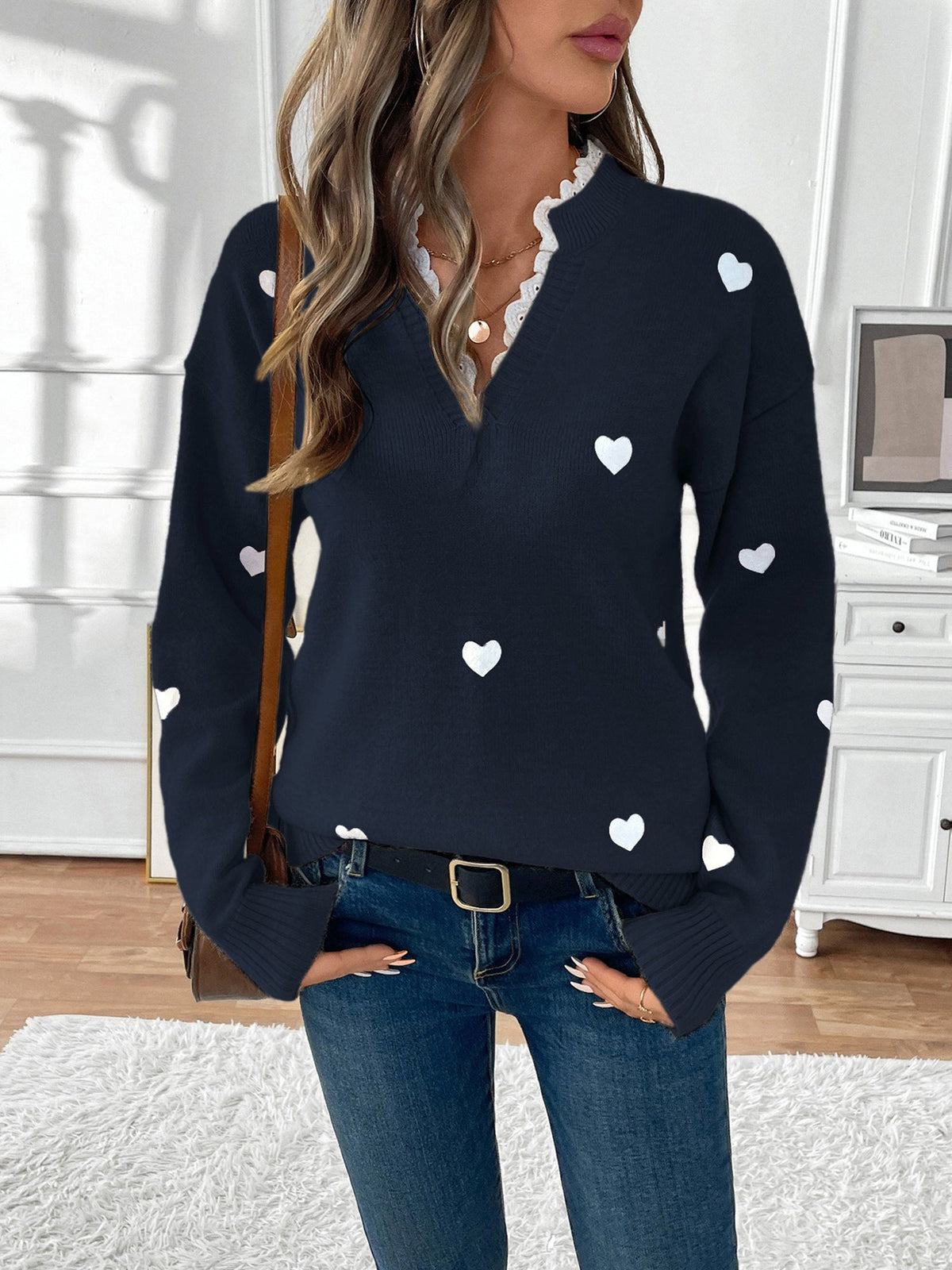 Women's Heart Print V-Neck Sweater