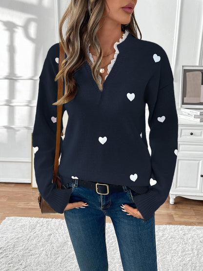Women's Heart Print V-Neck Sweater