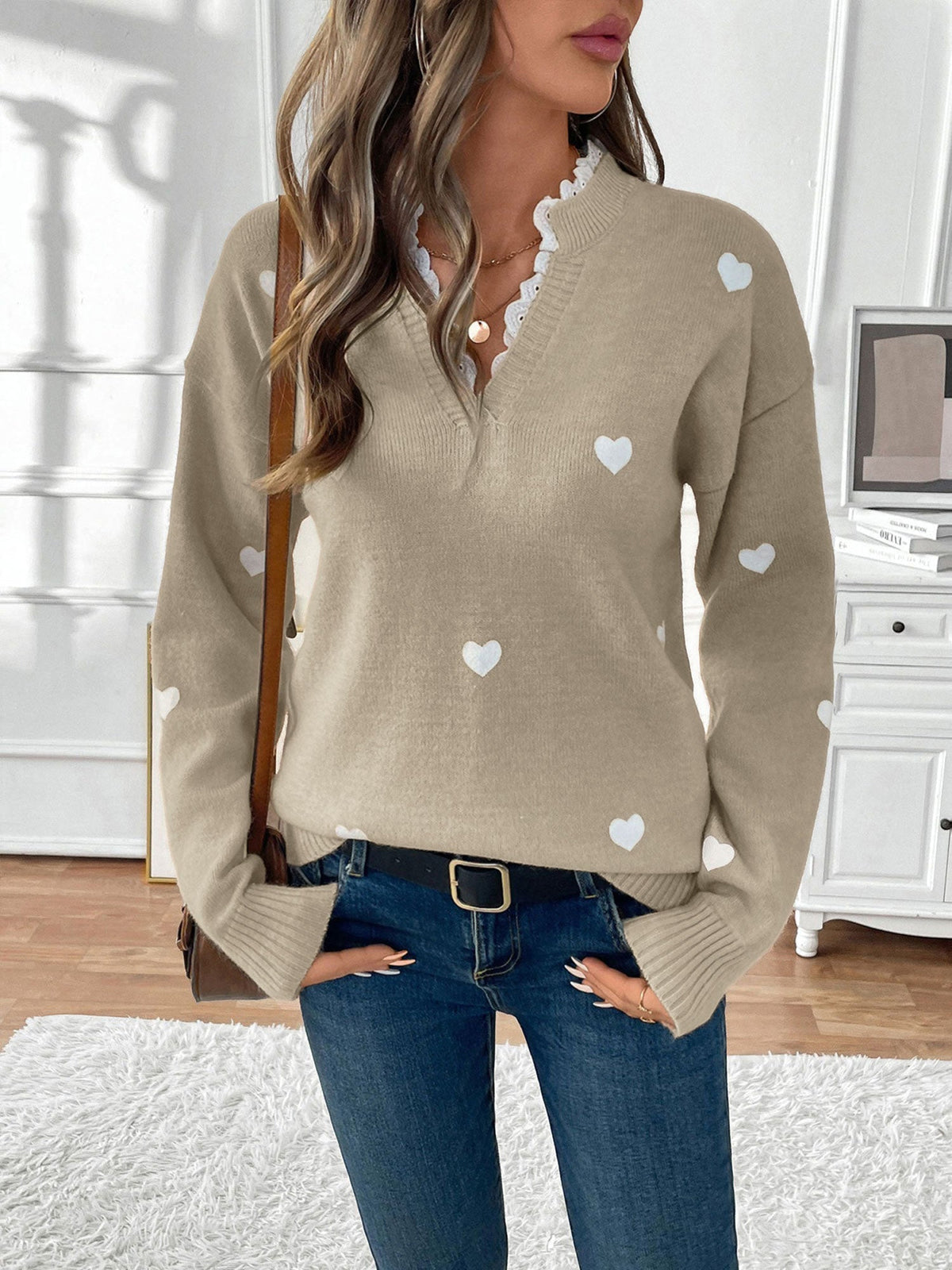Women's Heart Print V-Neck Sweater