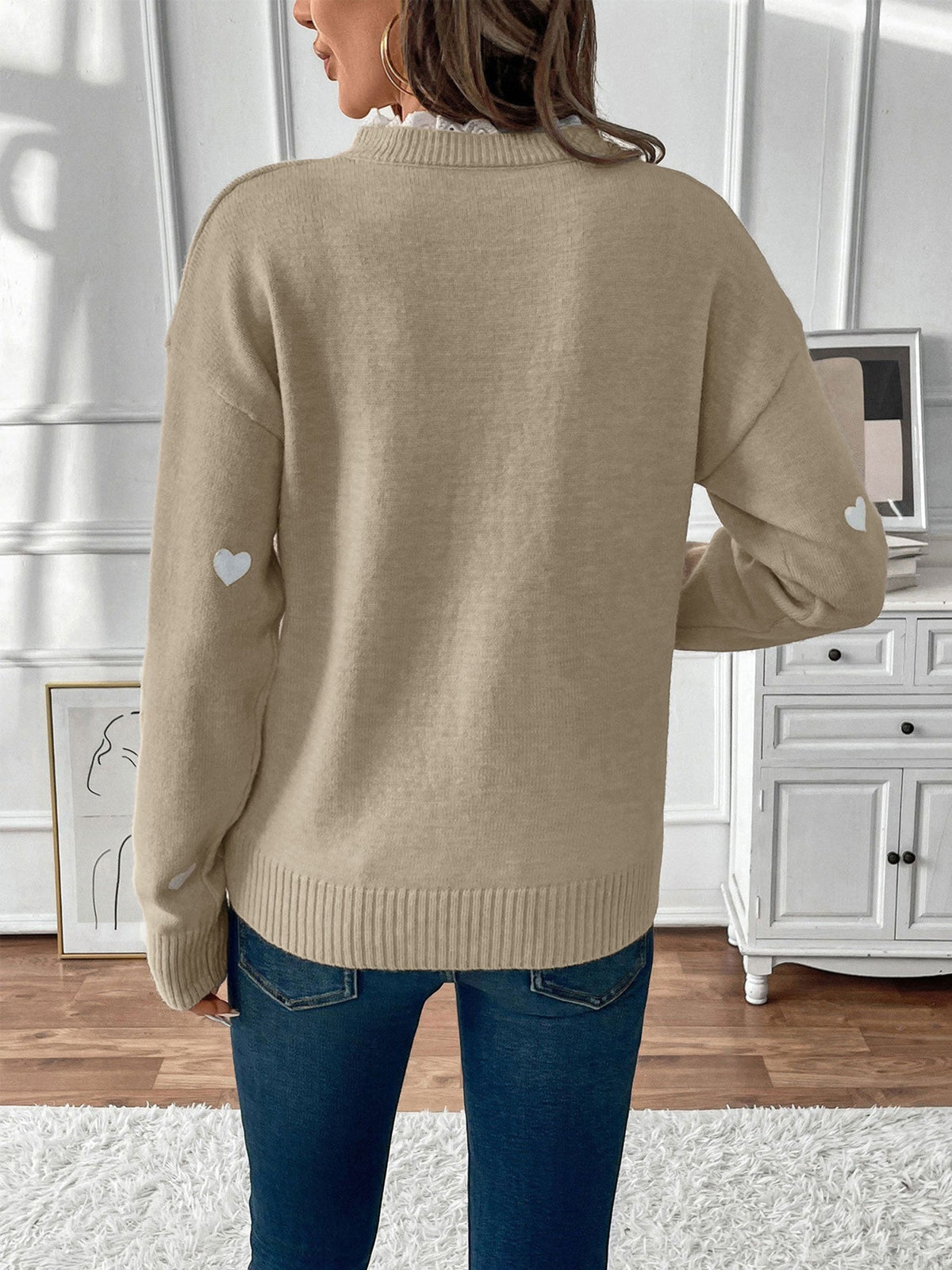 Women's Heart Print V-Neck Sweater