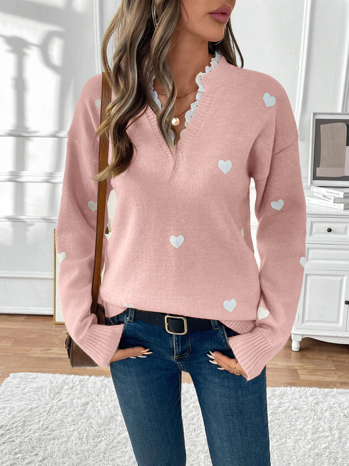 Women's Heart Print V-Neck Sweater