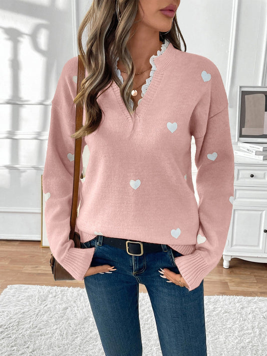 Women's Heart Print V-Neck Sweater