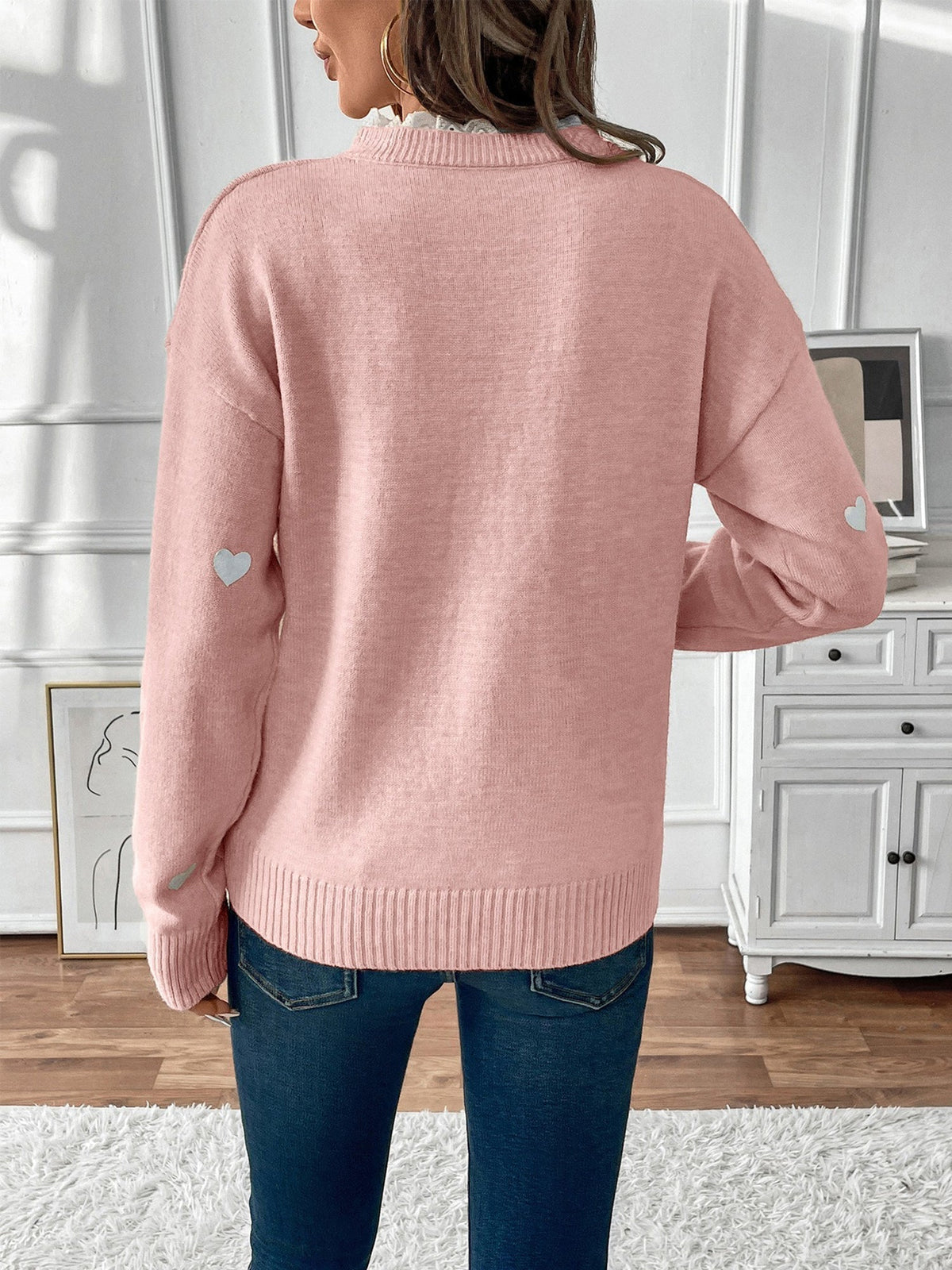 Women's Heart Print V-Neck Sweater