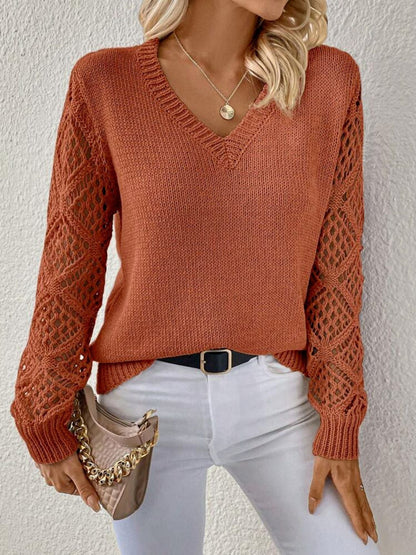 Women's Crochet Sleeve V-Neck Sweater