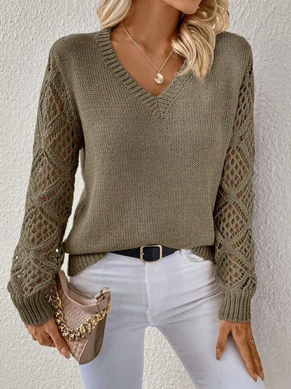 Women's Crochet Sleeve V-Neck Sweater