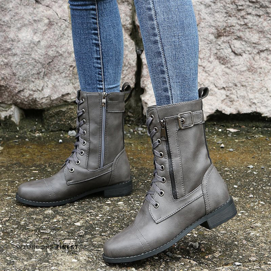 Women's Buckle Leather Combat Boots
