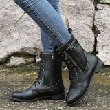 Women's Buckle Leather Combat Boots