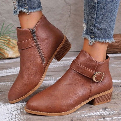 Women's Buckle Leather Ankle Boots