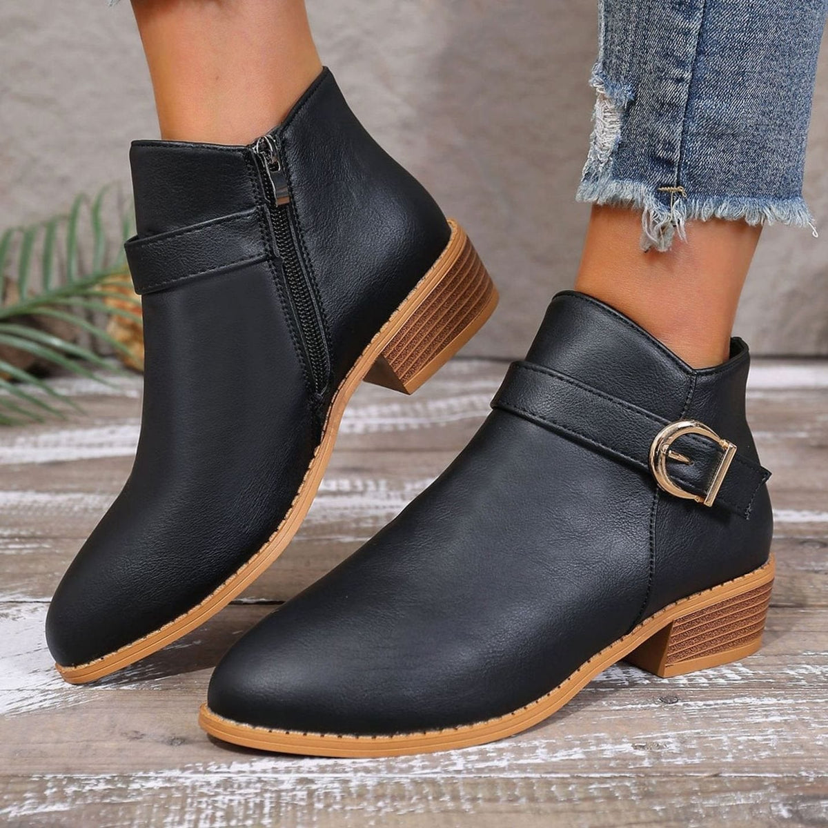 Women's Buckle Leather Ankle Boots