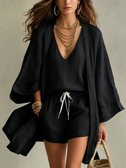 Women's Linen Kimono Shorts Set