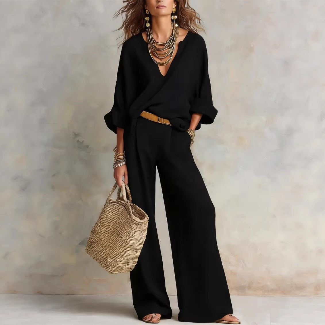 Women's Linen V-Neck Trouser Set