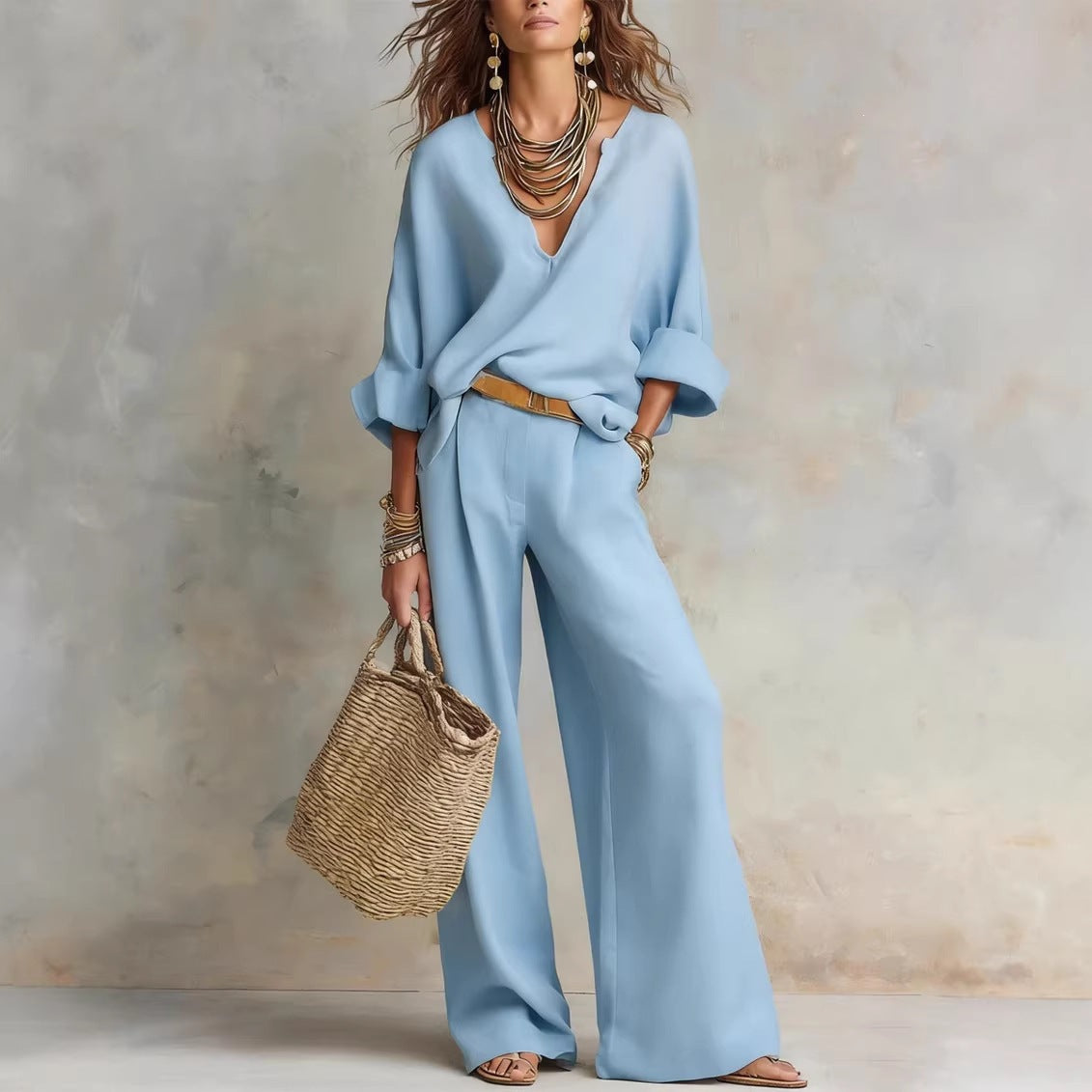 Women's Linen V-Neck Trouser Set