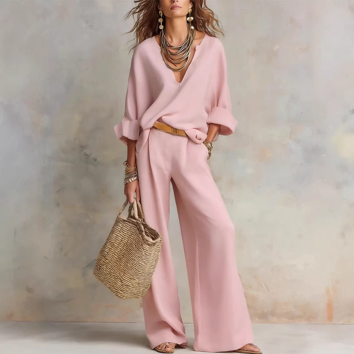 Women's Linen V-Neck Trouser Set