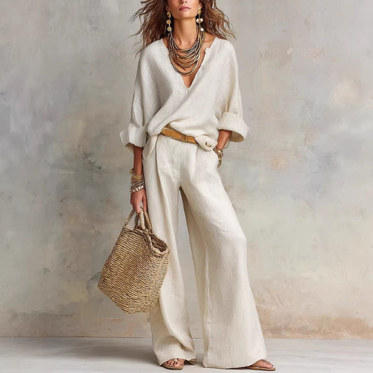Women's Linen V-Neck Trouser Set