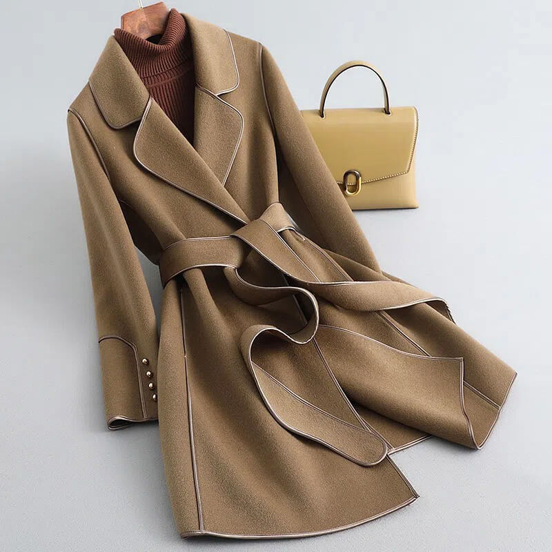 Women's Contrast Trim Belted Wool Coat